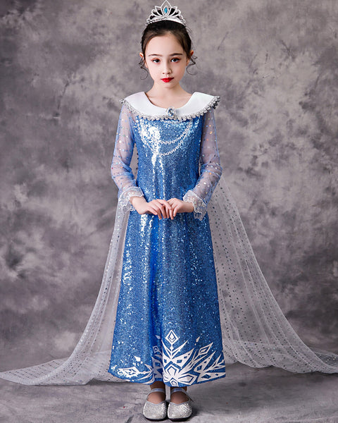 Girls Blue Sequin Princess Costume Long Sleeve for Halloween Party Dress up