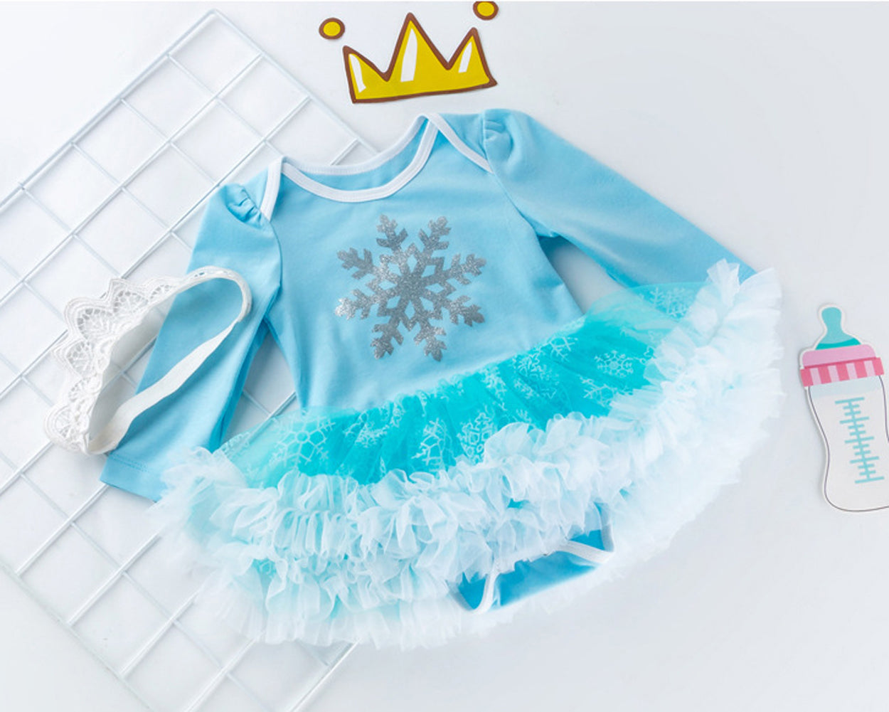 Baby Girls Princess Dresses Costume Snow Party Dress up Blue Romper Tutu &Headband Set