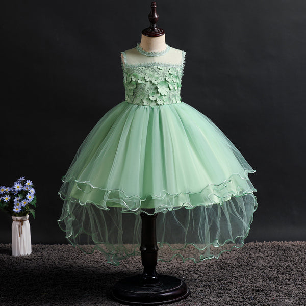 Girls 3D Appliques Floral Tulle Flower Girl Dress with Train
