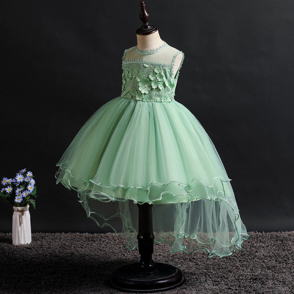 Girls 3D Appliques Floral Tulle Flower Girl Dress with Train