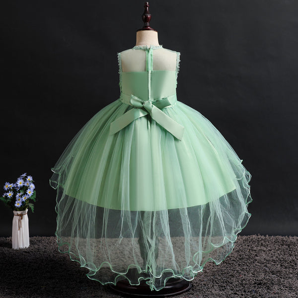 Girls 3D Appliques Floral Tulle Flower Girl Dress with Train