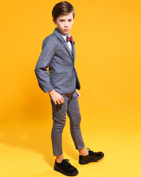 Boys' Gray Formal Suit  4 piece Dresswear suit set with jacket,vest,checked shirt and pants