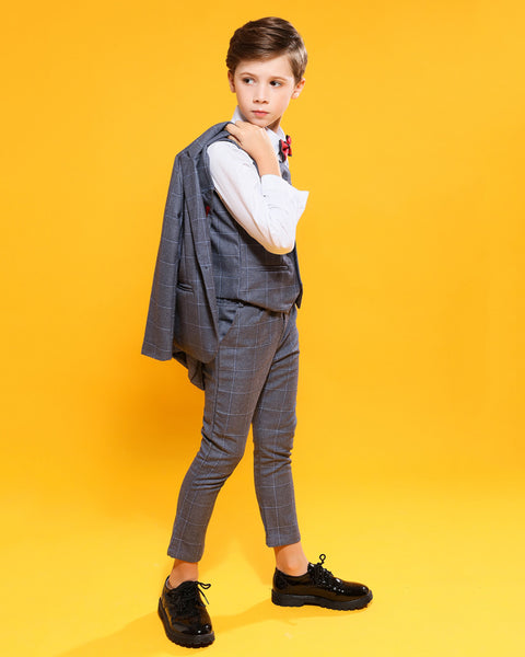 Boys' Gray Formal Suit  4 piece Dresswear suit set with jacket,vest,checked shirt and pants