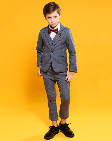 Boys' Gray Formal Suit  4 piece Dresswear suit set with jacket,vest,checked shirt and pants