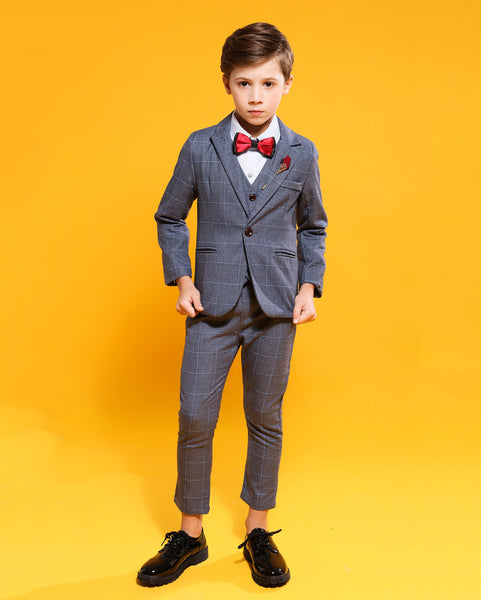 Boys' Gray Formal Suit  4 piece Dresswear suit set with jacket,vest,checked shirt and pants