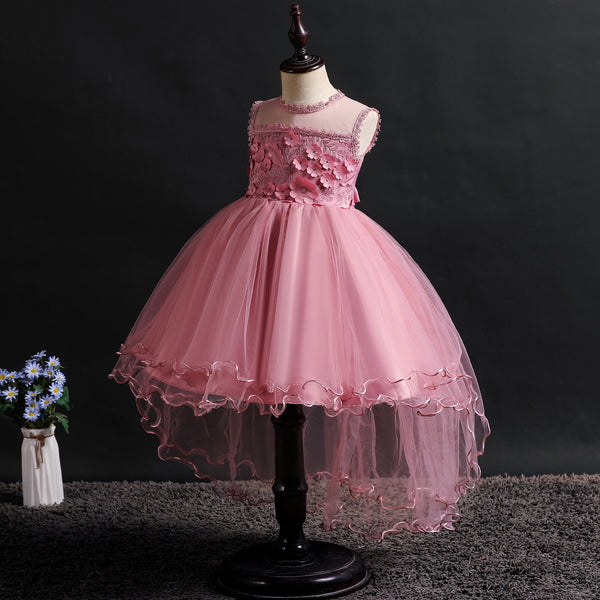 Girls 3D Appliques Floral Tulle Flower Girl Dress with Train