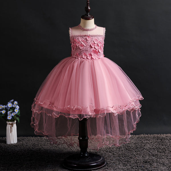 Girls 3D Appliques Floral Tulle Flower Girl Dress with Train