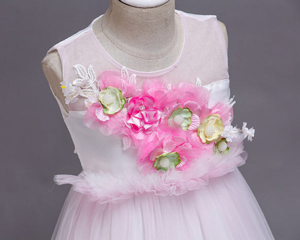 Girls Sleeveless Mesh 3D Flower Girl Dress Long-style