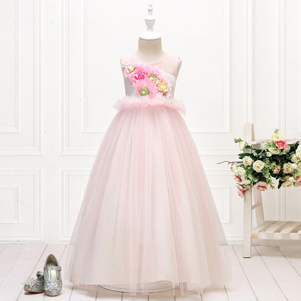 Girls Sleeveless Mesh 3D Flower Girl Dress Long-style