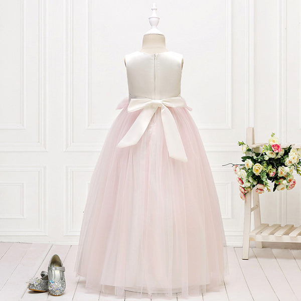 Girls Sleeveless Mesh 3D Flower Girl Dress Long-style