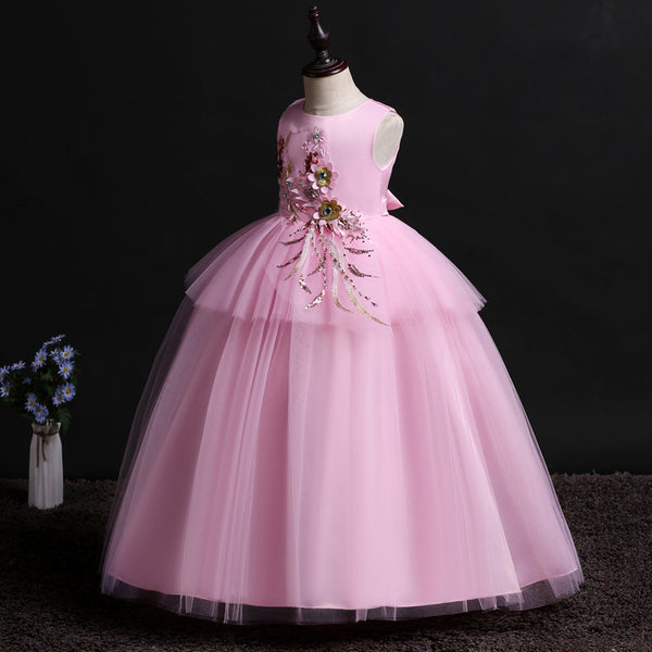 Girls Sleeveless 3D Flowers Tulle Formal Dress