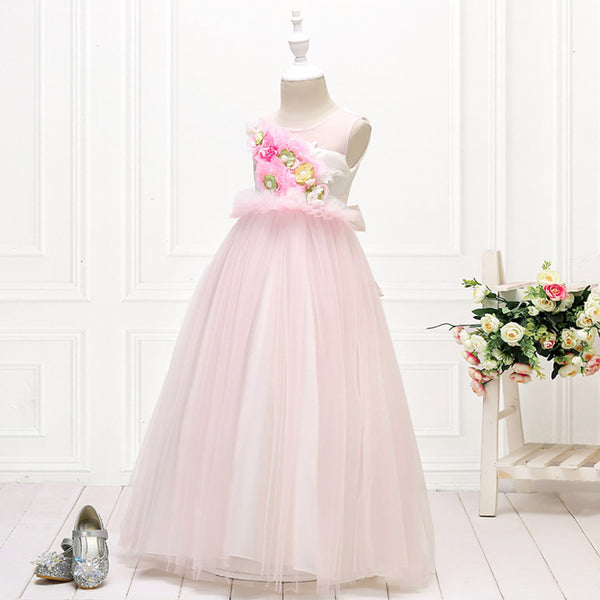 Girls Sleeveless Mesh 3D Flower Girl Dress Long-style