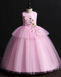 Girls Sleeveless 3D Flowers Tulle Formal Dress