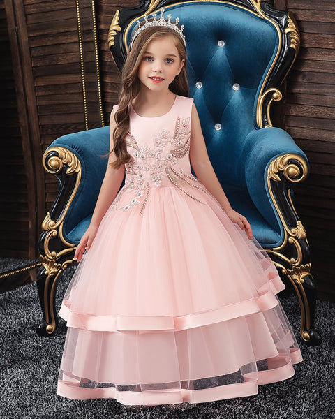 Girls Sleeveless Flower Embroidered Formal Dress Ankle Length Flower Girl Dress