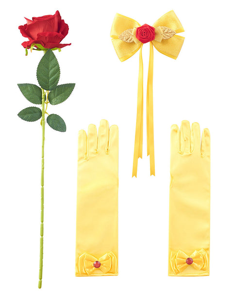 Girls Princess Costume Accessories Halloween Dress Up Hair Bow, Gloves and Rose Flower Set Yellow