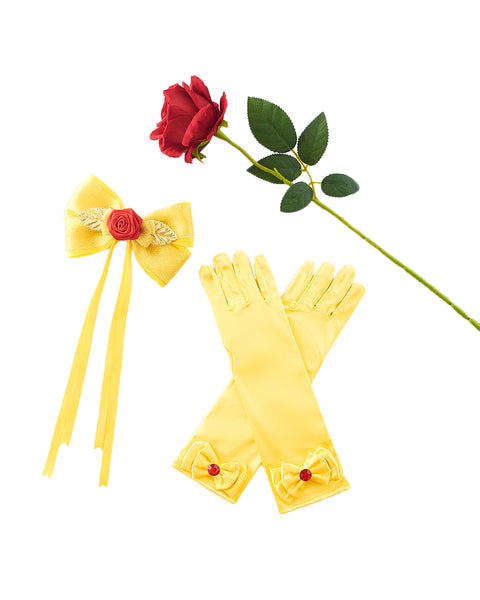 Girls Princess Costume Accessories Halloween Dress Up Hair Bow, Gloves and Rose Flower Set Yellow