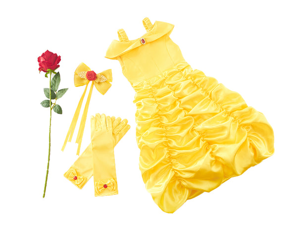 Girls Princess Costume Accessories Halloween Dress Up Hair Bow, Gloves and Rose Flower Set Yellow