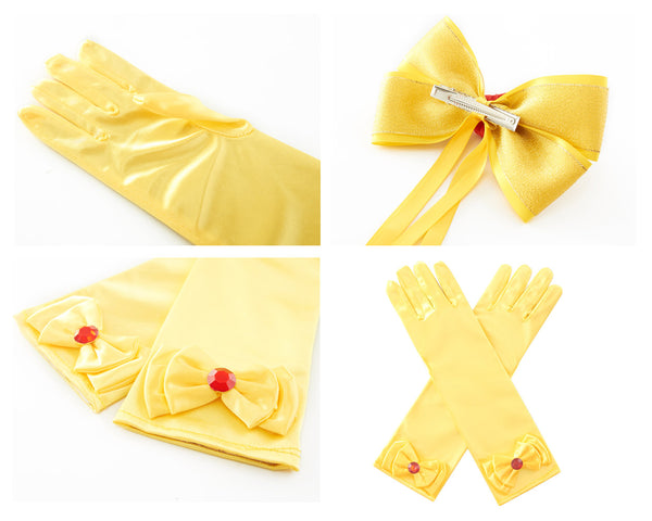 Girls Princess Costume Accessories Halloween Dress Up Hair Bow, Gloves and Rose Flower Set Yellow