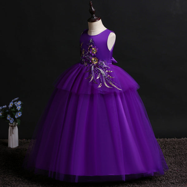 Girls Sleeveless 3D Flowers Tulle Formal Dress