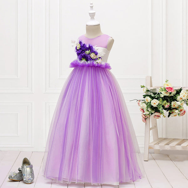 Girls Sleeveless Mesh 3D Flower Girl Dress Long-style