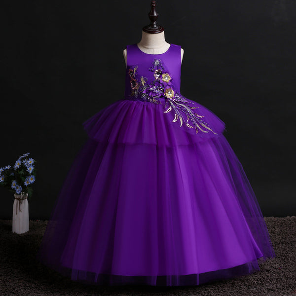 Girls Sleeveless 3D Flowers Tulle Formal Dress