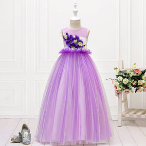 Girls Sleeveless Mesh 3D Flower Girl Dress Long-style