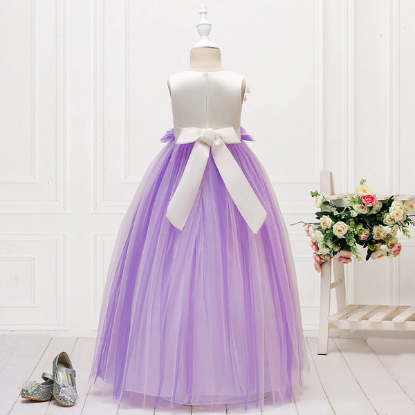 Girls Sleeveless Mesh 3D Flower Girl Dress Long-style