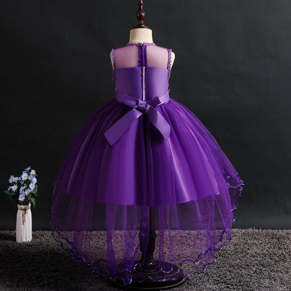 Girls 3D Appliques Floral Tulle Flower Girl Dress with Train