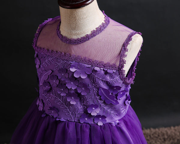 Girls 3D Appliques Floral Tulle Flower Girl Dress with Train