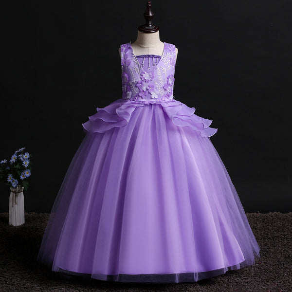 Girls Sleeveless Embroidery Princess Pageant Dresses Kids Prom Ball Gown