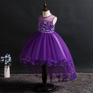 Girls 3D Appliques Floral Tulle Flower Girl Dress with Train