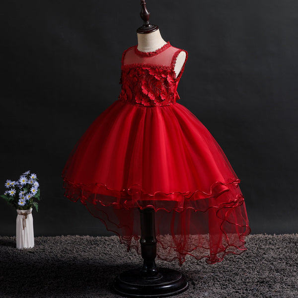 Girls 3D Appliques Floral Tulle Flower Girl Dress with Train