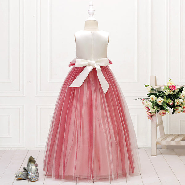 Girls Sleeveless Mesh 3D Flower Girl Dress Long-style