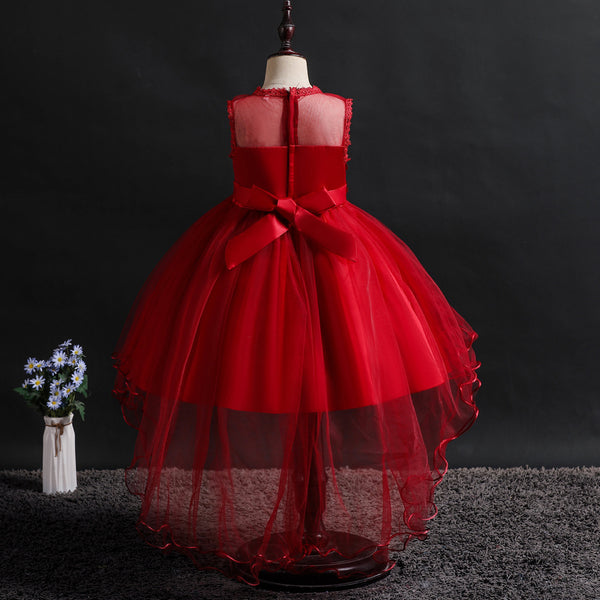 Girls 3D Appliques Floral Tulle Flower Girl Dress with Train