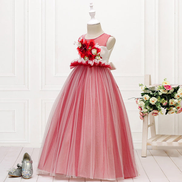 Girls Sleeveless Mesh 3D Flower Girl Dress Long-style