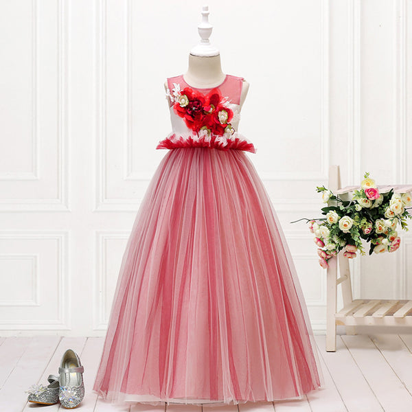 Girls Sleeveless Mesh 3D Flower Girl Dress Long-style