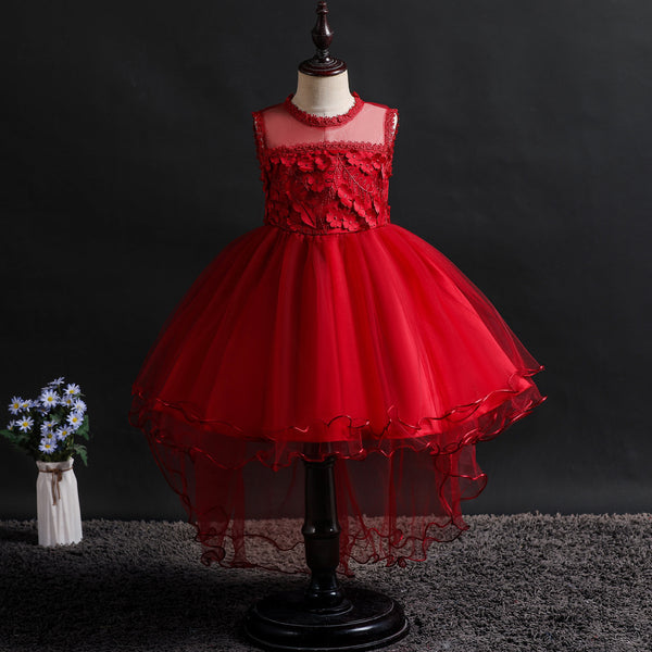 Girls 3D Appliques Floral Tulle Flower Girl Dress with Train