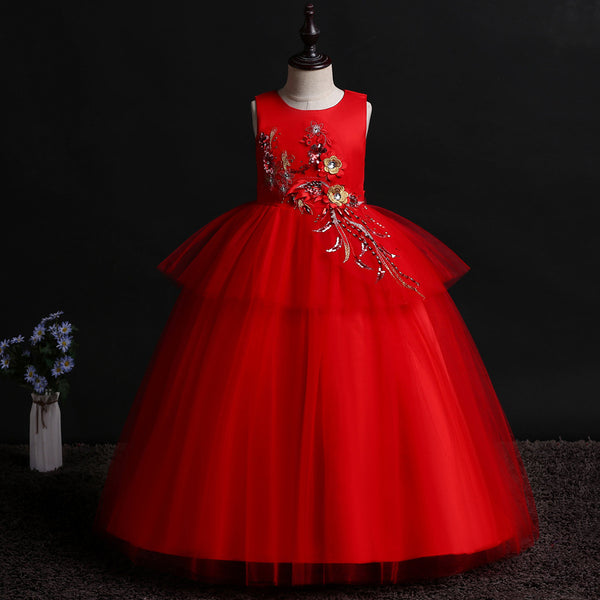 Girls Sleeveless 3D Flowers Tulle Formal Dress