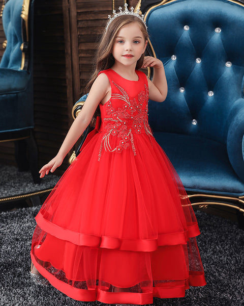 Girls Sleeveless Flower Embroidered Formal Dress Ankle Length Flower Girl Dress