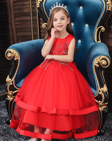 Girls Sleeveless Flower Embroidered Formal Dress Ankle Length Flower Girl Dress