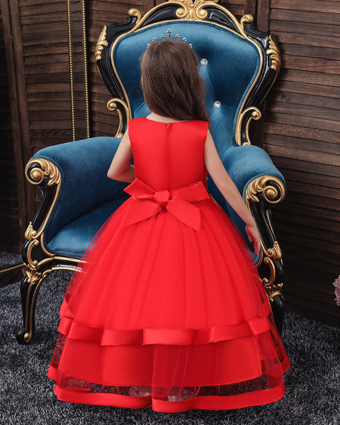 Girls Sleeveless Flower Embroidered Formal Dress Ankle Length Flower Girl Dress