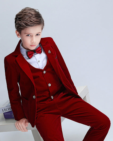 Boys' Red Corduroy Formal Suit  3 piece Dresswear suit set with jacket,pants and vest