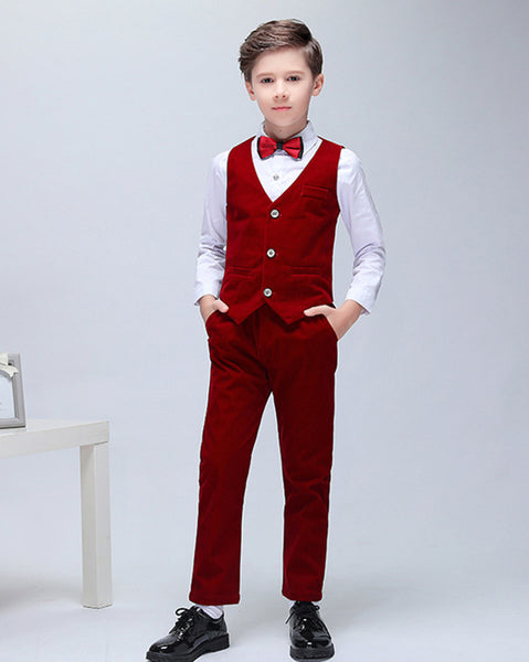 Boys' Red Corduroy Formal Suit  3 piece Dresswear suit set with jacket,shirt,pants and vest