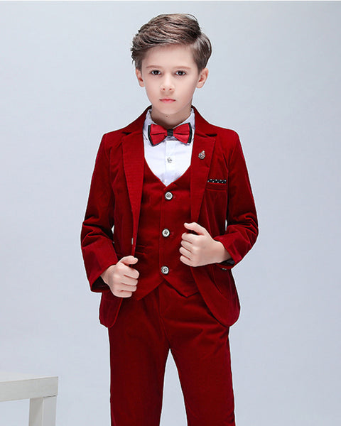 Boys' Red Corduroy Formal Suit  3 piece Dresswear suit set with jacket,shirt,pants and vest