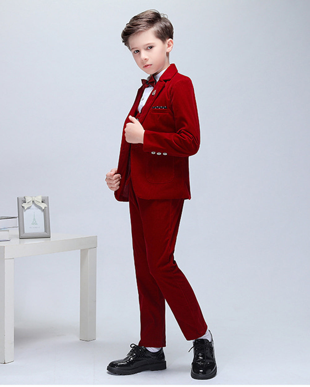 Boys' Red Corduroy Formal Suit  3 piece Dresswear suit set with jacket,shirt,pants and vest