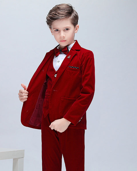 Boys' Red Corduroy Formal Suit  3 piece Dresswear suit set with jacket,shirt,pants and vest