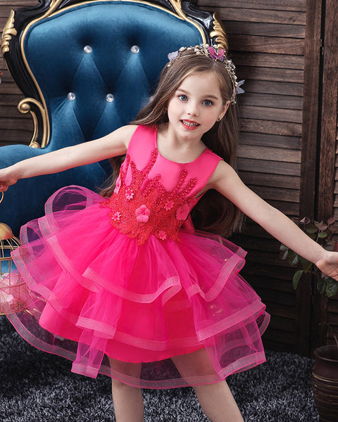 Girls Sleeveless Flower Embroidered Tutu Dress Pageant Flower Girl Dress