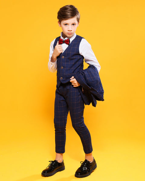 Boys' Blue Formal Suit  4 piece Dresswear suit set with checked vest,shirt and pants