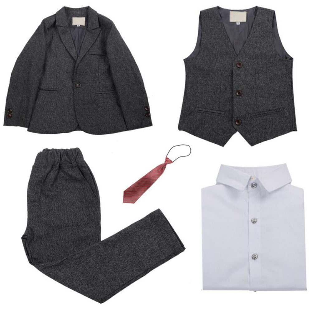 Boys' Gray Formal Suit  4 piece Dresswear suit set with red necktie Kids dress suit