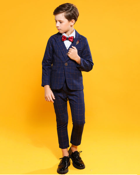 Boys' Blue Formal Suit  4 piece Dresswear suit set with checked vest,shirt and pants
